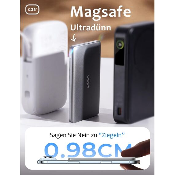 LISEN Powerbank MagSafe Slim Magnetische, Qi2.0 15W Schnellladung 5000mAh Ultraleicht 106g, Wireless Powerbank iPhone, Induktives Laden, Handy-Akkuhüllen für iPhone 17e 16 Pro Max