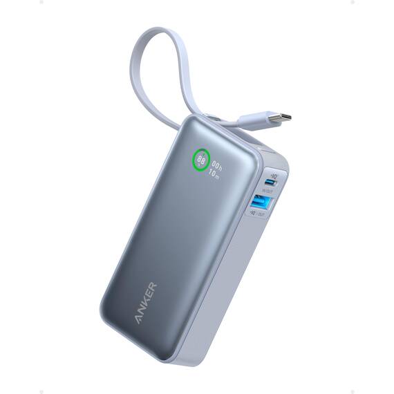 Anker Nano Powerbank, 10.000mAh Powerbank mit integriertem USB-C Kabel, PD 30W Höchstleistung mit 1xUSB-C, 1xUSB-A, Für iPhone 17/16/15, MacBook, Galaxy, iPad, AirPods und mehr (Blau)