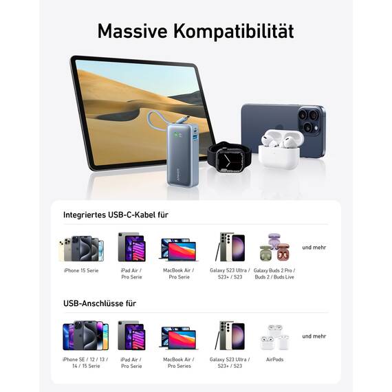 Anker Nano Powerbank, 10.000mAh Powerbank mit integriertem USB-C Kabel, PD 30W Höchstleistung mit 1xUSB-C, 1xUSB-A, Für iPhone 17/16/15, MacBook, Galaxy, iPad, AirPods und mehr (Blau)