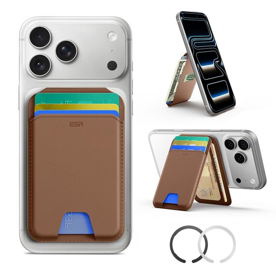 ESR mit MagSafe Wallet, 5 Kartenhalter, RFID-Schutz, für Magsafe Geldbörse mit Ständer, Magnetisches Wallet für iPhone 17/16/15/14/13/12-Serie, für Pixel 10/Pro/Pro XL, Nicht für 13/12 Mini, Braun