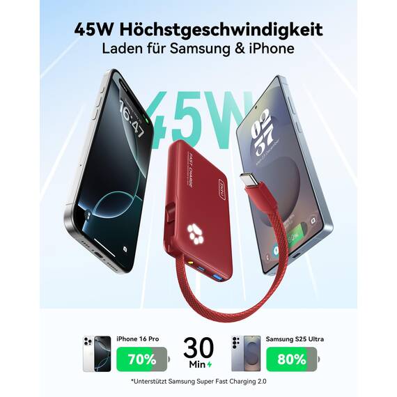 INIU 45W Power Bank, Mini-Größe 10000mAh PowerBank mit Integriertem USB-C Kabel, Schnellladen Externe Handyakkus USB C In&Out, Klein Aber Stark für iPhone 17 16 15 Xiaomi Mini Samsung, Rot