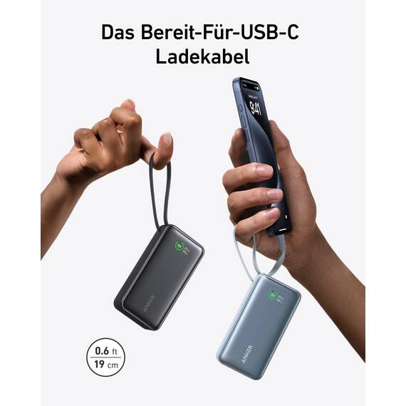 Anker Nano Powerbank, 10.000mAh Powerbank mit integriertem USB-C Kabel, PD 30W Höchstleistung mit 1xUSB-C, 1xUSB-A, Für iPhone 17/16/15, MacBook, Galaxy, iPad, AirPods und mehr (Blau)