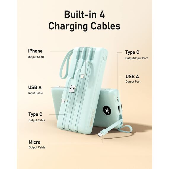 VEEKTOMX Powerbank 20000mAh Power Bank mit integrierten Kabeln USB C Externe Handyakkus mit 5 Ausgängen & 2 Eingängen Reise Gadgets Akkupack Kompatibel mit iPhone, Samsung