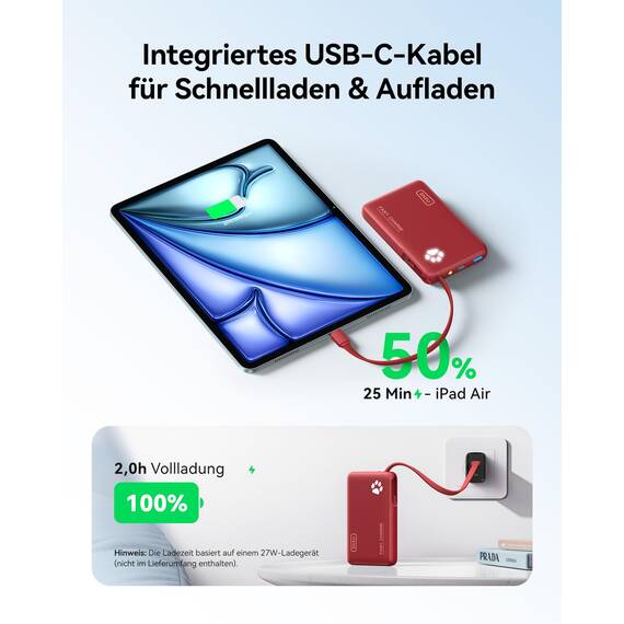 INIU 45W Power Bank, Mini-Größe 10000mAh PowerBank mit Integriertem USB-C Kabel, Schnellladen Externe Handyakkus USB C In&Out, Klein Aber Stark für iPhone 17 16 15 Xiaomi Mini Samsung, Rot