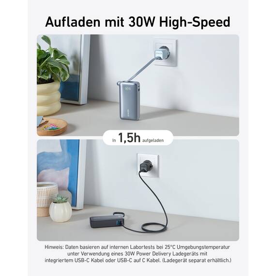 Anker Nano Powerbank, 10.000mAh Powerbank mit integriertem USB-C Kabel, PD 30W Höchstleistung mit 1xUSB-C, 1xUSB-A, Für iPhone 17/16/15, MacBook, Galaxy, iPad, AirPods und mehr (Blau)