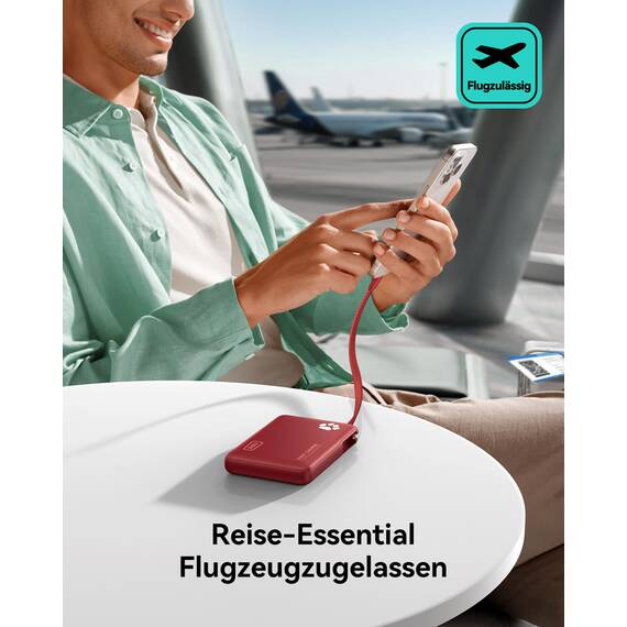 INIU 45W Power Bank, Mini-Größe 10000mAh PowerBank mit Integriertem USB-C Kabel, Schnellladen Externe Handyakkus USB C In&Out, Klein Aber Stark für iPhone 17 16 15 Xiaomi Mini Samsung, Rot