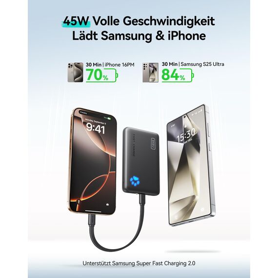 INIU Power Bank, 45W 10000mAh Powerbank Leichteste und Klein Aber Stark (USB C In & Out), PD3.0 Externe Handyakkus with Flashlight, Kompatibel mit iPhone 17 16 15 Pro Max Mini Samsung S24 S23, Blau