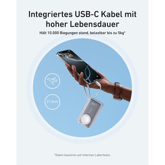 Anker MagGo Powerbank für Apple Watch, offiziell Zertifiziert, 10.000mAh kompaktes Akkupack mit integriertem USB-C-Kabel, 35W Max., für iPhone 17/16, iPhone 15 Serie, iPad, AirPods und mehr