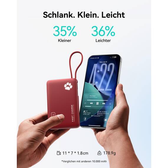 INIU 45W Power Bank, Mini-Größe 10000mAh PowerBank mit Integriertem USB-C Kabel, Schnellladen Externe Handyakkus USB C In&Out, Klein Aber Stark für iPhone 17 16 15 Xiaomi Mini Samsung, Rot