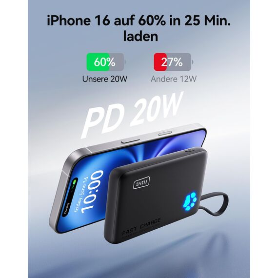 INIU Power Bank, Minigröße 20W 10000mAh PowerBank mit Integriertem USB-C Kabel, PD3.0 QC4.0 USB C In&Out, Klein Aber Stark Externe Handyakkus für iPhone 16 15 14 13 12 Pro Max Mini Samsung S23 iPad