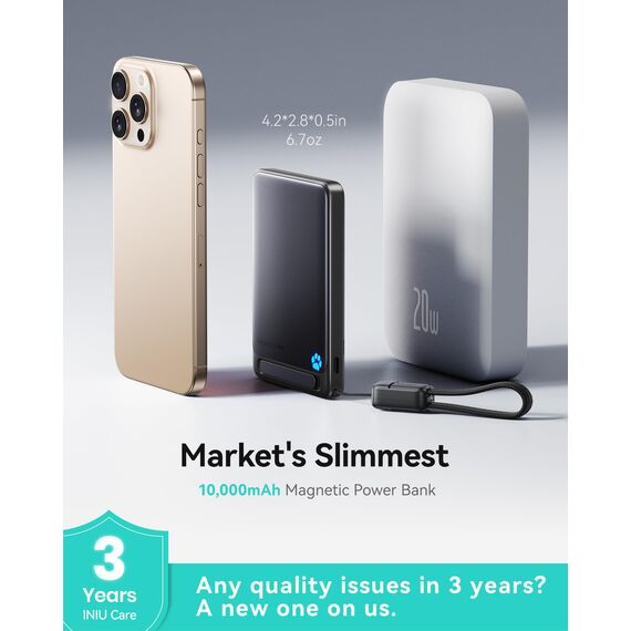 INIU Powerbank für MagSafe, Ultra-schlank Qi2-zertifiziert 15W Magnetische Powerbank iPhone, 10000mAh 45W USB-C Externer Akku Klein, Flugtauglich, Reise-Essential nur für iPhone 17 16 15 14 13, Weiß