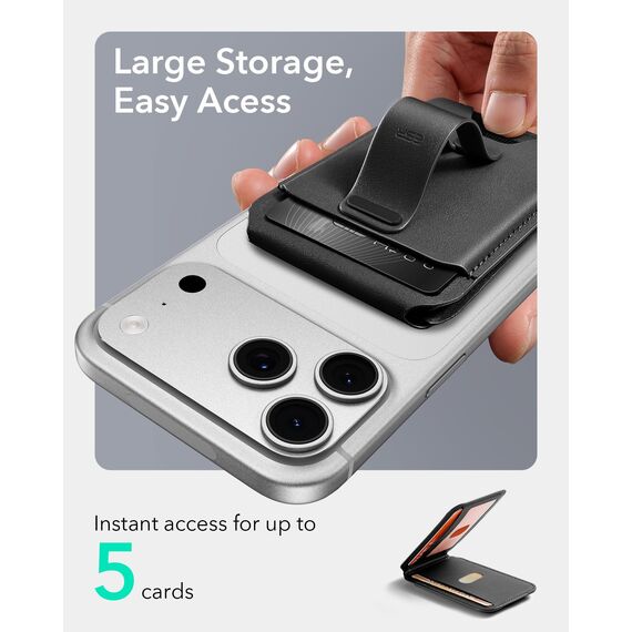 ESR für MagSafe Wallet 5 Kartenhalter, iPhone Wallet mit Verstellbarem Ständer, Sichere Fingerschlaufe, Magsafe Geldbörse für iPhone 17e/17/16/15/14/13/12-Serie und Ausgewählte Samsung Geräte, Schwarz