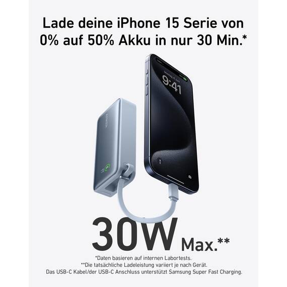 Anker Nano Powerbank, 10.000mAh Powerbank mit integriertem USB-C Kabel, PD 30W Höchstleistung mit 1xUSB-C, 1xUSB-A, Für iPhone 17/16/15, MacBook, Galaxy, iPad, AirPods und mehr (Blau)