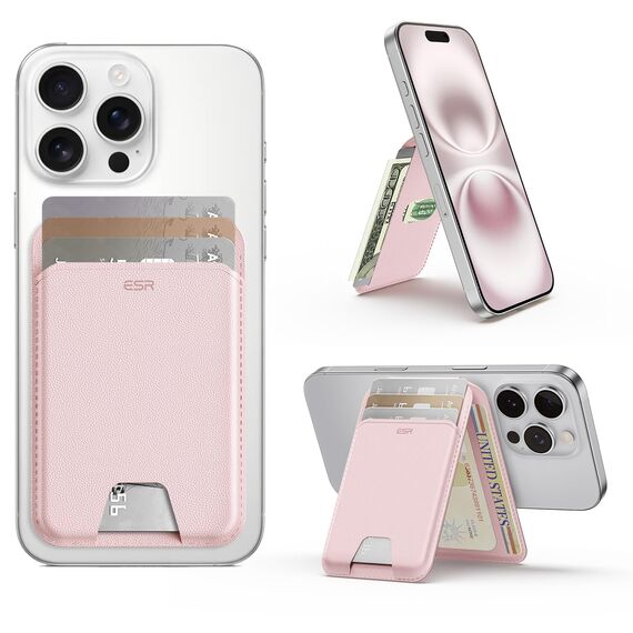ESR Aura für MagSafe Wallet 5 Kartenhalter, RFID Schutz, Wallet mit Verstellbarem Ständer, für iPhone 17e/17/16/15/14/13/12 Serie, für Pixel 10/Pro/Pro XL, Nicht für 13/12 Mini, Kaugummirosa