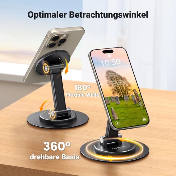 UGREEN Magsafe Handy Ständer 360°Verstellbar, Magnetischer Handyhalterung Tisch mit Metallringe, Handyhalter Kompatibel mit iPhone 17 16 15 14 13 12 Pro Max und Magsafe Hülle, Galaxy S24 Ultra S23