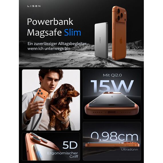 LISEN Powerbank MagSafe Slim Magnetische, Qi2.0 15W Schnellladung 5000mAh Ultraleicht 106g, Wireless Powerbank iPhone, Induktives Laden, Handy-Akkuhüllen für iPhone 17e 16 Pro Max
