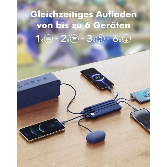 Charmast Power Bank, 22,5W Powerbank 20000mAh mit 4 Kabel und LED-Display, USB C PD3.0 QC4.0 Externe Handyakkus mit 6 Ausgängen Kompatibel mit iPhone 17 16 15 14 13 12 11 Pro Max Samsung Tablet (blau)