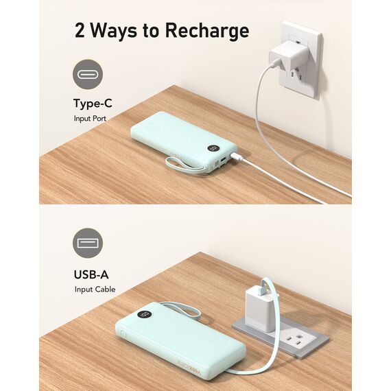 VEEKTOMX Powerbank 20000mAh Power Bank mit integrierten Kabeln USB C Externe Handyakkus mit 5 Ausgängen & 2 Eingängen Reise Gadgets Akkupack Kompatibel mit iPhone, Samsung