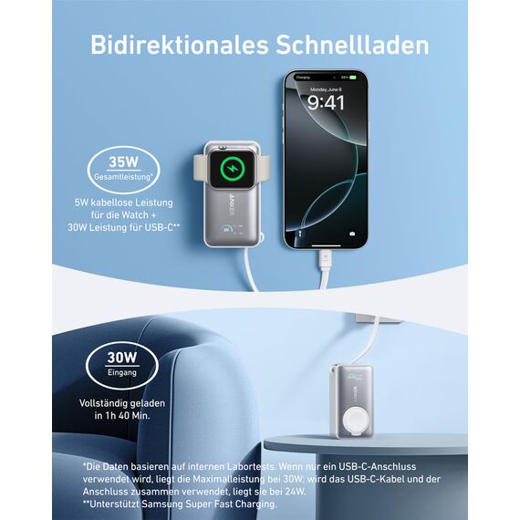 Anker MagGo Powerbank für Apple Watch, offiziell Zertifiziert, 10.000mAh kompaktes Akkupack mit integriertem USB-C-Kabel, 35W Max., für iPhone 17/16, iPhone 15 Serie, iPad, AirPods und mehr