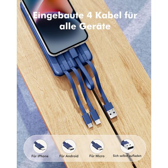 Charmast Power Bank, 22,5W Powerbank 20000mAh mit 4 Kabel und LED-Display, USB C PD3.0 QC4.0 Externe Handyakkus mit 6 Ausgängen Kompatibel mit iPhone 17 16 15 14 13 12 11 Pro Max Samsung Tablet (blau)