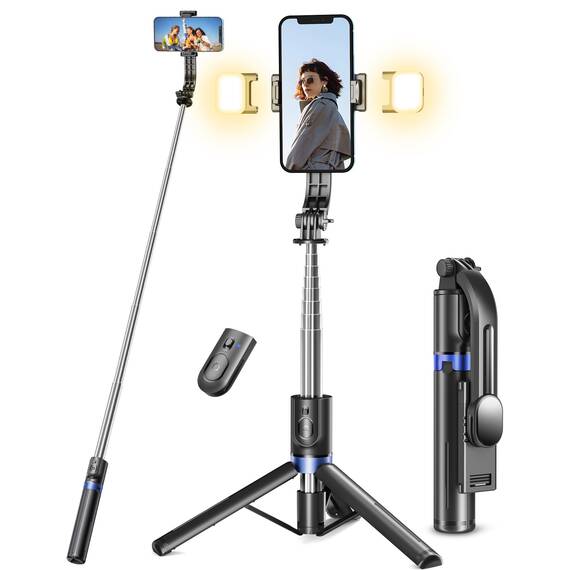 Selfiestick mit Stativ und Fernbedienung, 2 Fülllicht Handy Stativ für Smartphones, Handystativhalter Kompatibel mit iPhone, Android für Selfie, Video, Live-Streaming