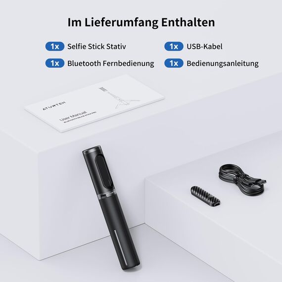 ATUMTEK Selfie Stick Stativ, 3-in-1 Ausziehbares Aluminium Handy Stativ mit kabelloser Bluetooth-Fernbedienung, Kompatibel mit iPhone 17/16/15/14/13/12 mini/11 Pro und Samsung Smartphones, Schwarz