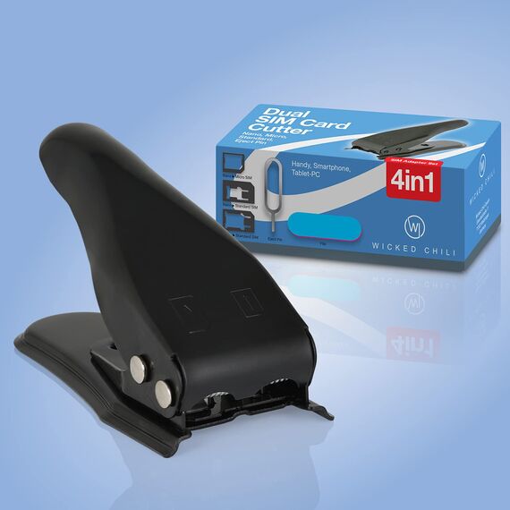 Wicked Chili Dual Simkarten Stanzer 4 in 1, SIM Karten Stanze mit Adapter Set (Nano, Micro, Standard, Pin Nadel, Feile) Cutter Schneidegerät für Guthaben | Prepaid | Aufladekarte | Telefonkarte