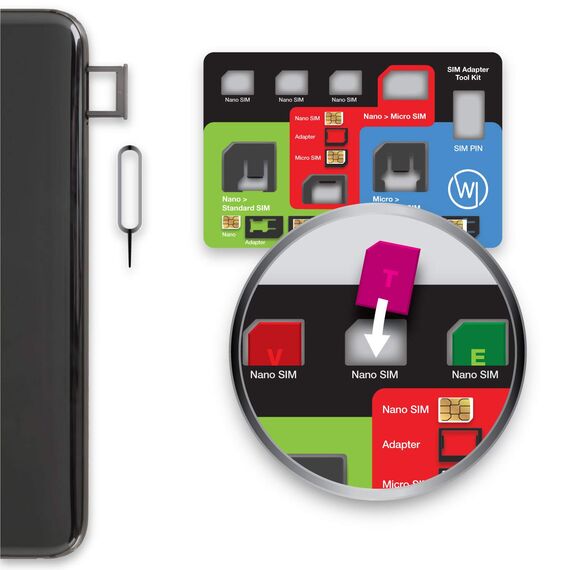 Wicked Chili 8in1 Multi SIM-Card Tool für alle SIM-Karte, mit 3 SIM-Adaptern, Aufbewahrungsfach für 3 Nano und 1 Micro SIM-Karte und SIM-Nadel, Travel Kit im Kreditkartenformat