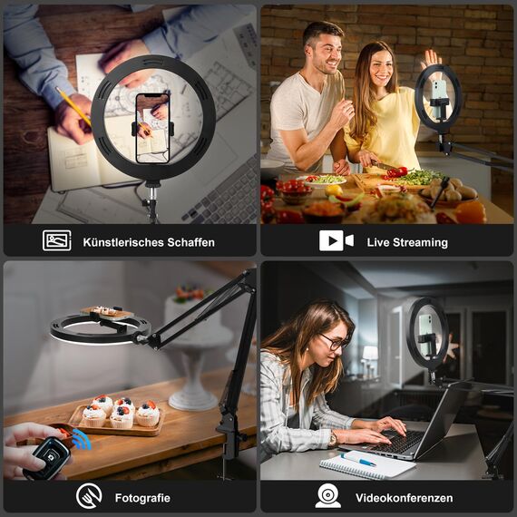 Evershop Ringlicht mit Stativ Handy Overhead 10”, Ring Light mit Fernsteuerung Ringleuchte Tish für Videos Fotos,3 Lichtfarben&10 Helligkeiten 360° Drehbar, Flexibel Dimmbar für Stream TikTok YouTube