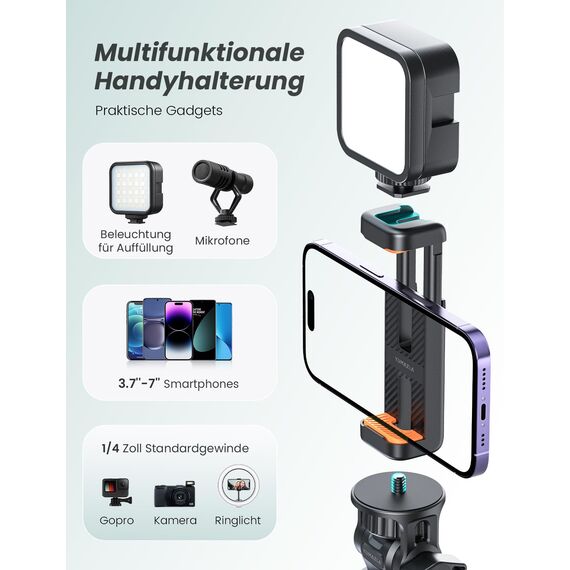 Handy-Stativ & Selfie Stick 180cm, YUMAZLA Verstärkte Lichtstative Stativ für Smartphone, Handystativhalter mit Fernauslöser für iPhone, Samsung (180cm)