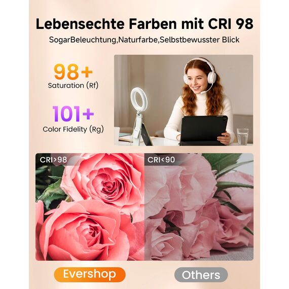 Evershop Ringlicht Laptop Handy PC,5” Augenpflege LED Ring Light mit Stativ&Handyhalter 3 Lichtfarben+10 Helligkeiten 360°Drehbar Beleuchtung Ringleuchte für Videokonferenz,Homeoffice,YouTube,TikTok