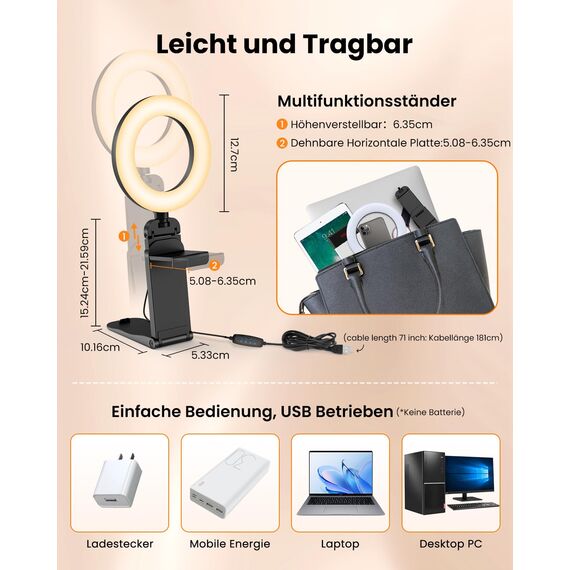 Upgrade Ringlicht Laptop Handy PC 5” Videokonferenz Licht,Evershop Ringleuchte Ringlampe mit Stativ&Handyhalter 3 Lichtfarben+10 Helligkeiten 360°Drehbar Beleuchtung für Homeoffice,YouTube,TikTok