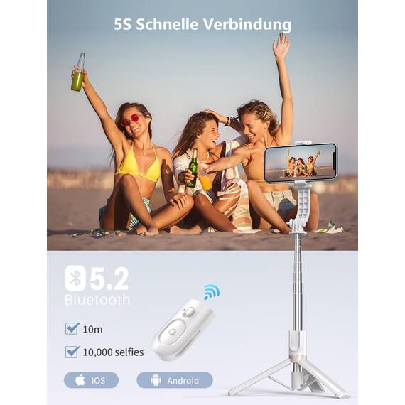 Selfie Stick mit Bluetooth Fernbedienung, Erweiterbarer Extra Lang Reisen Stativ für Smartphone, 360° Drehbare Handystativhalter Kompatibel mit Smartphones, Action-Kamera