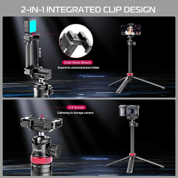ULANZI MT-44 Handy Kamera Stativ 147cm 2in1 Selfie Stick Fernbedienung, 360° Kugelkopf, Cold Shoe Handyhalterung, 1/4" Gewinde Kompakt Reisestativ Dreibein Tripod für DSLR-Kameras Canon Samsung iPhone