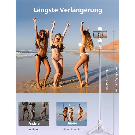 Selfie Stick mit Bluetooth Fernbedienung, Erweiterbarer Extra Lang Reisen Stativ für Smartphone, 360° Drehbare Handystativhalter Kompatibel mit Smartphones, Action-Kamera