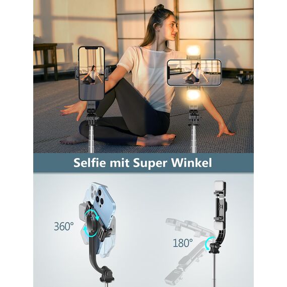 170cm Selfie Stick mit 2 Fülllicht, Extra Lang Handystativhalter für Smartphone, Selbstaufklappendes Stativ mit Fernbedienung, Handy Ständer für iPhone & Android Smartphones