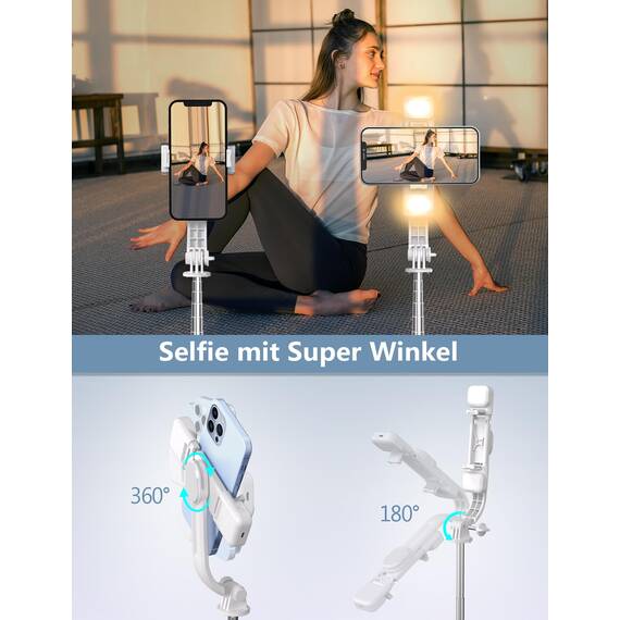 Selfie Stick mit Bluetooth Fernbedienung, Erweiterbarer Extra Lang Reisen Stativ für Smartphone, 360° Drehbare Handystativhalter Kompatibel mit Smartphones, Action-Kamera