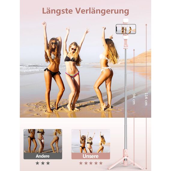 Selfie Stick mit Fülllicht, 114 cm Smartphone Stativ mit Fernauslöser Kompatibel mit iPhone 15/14/13/12/11 Pro/Max/Plus, Huawei, Xiaomi(Rosa)