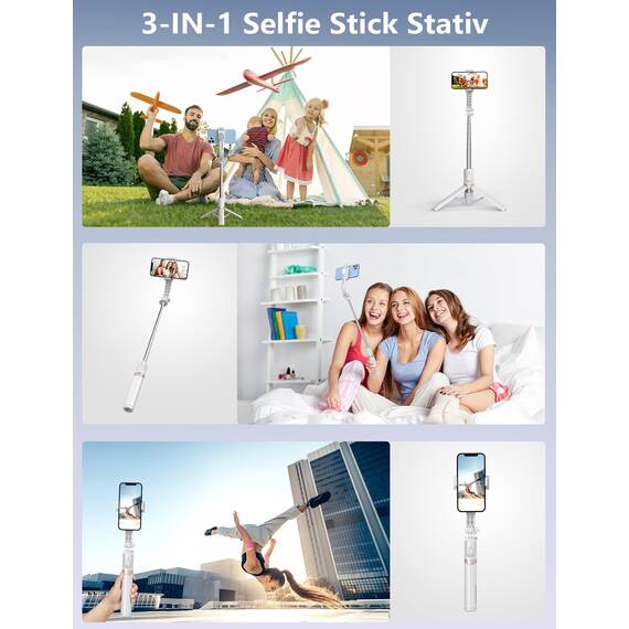 Selfie Stick mit Bluetooth Fernbedienung, Erweiterbarer Extra Lang Reisen Stativ für Smartphone, 360° Drehbare Handystativhalter Kompatibel mit Smartphones, Action-Kamera