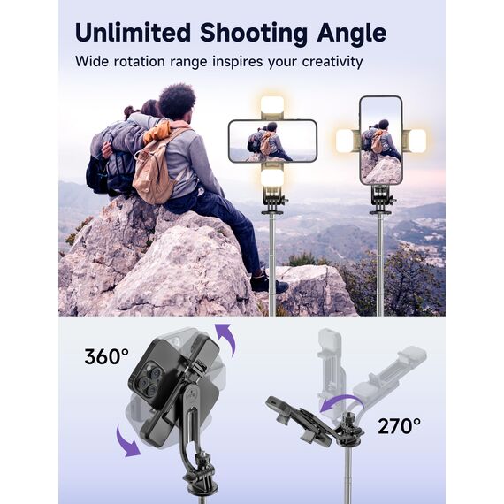 135CM Selfie Stick mit 2 Fülllicht, All-in-1 Handy Stativ mit Abnehmbarer Fernbedienung, 360° Drehbarer Tragbar Stativ Handyhalterung Stabil Selfie Stange Kompatibel mit iPhone/Samsung/Android