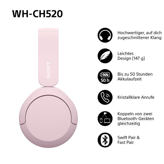 Sony WH-CH520 Kabelloser Bluetooth On-Ear-Kopfhörer, hohe Klangqualität, leichtes Design, bis zu 50 Stunden Akkulaufzeit, Schnellladung, EQ, klare Gesprächsqualität, iOS und Android - Rosa