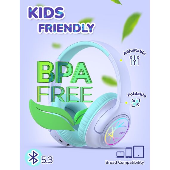 iClever Bluetooth kopfhörer Kinder mit LED-Leuchten, 74/85dBA Lautstärkebegrenzung, 43 Stunden Spielzeit, Stereo-Sound, Typ-C, AUX-Kabel, Bluetooth5.3 Kinderkopfhörer für Tablet/Reisen