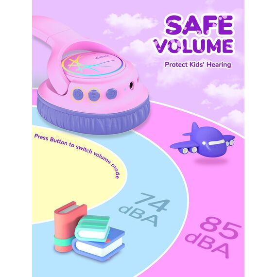 iClever Bluetooth Kopfhörer Kinder mit LED-Leuchten, 74/85dBA Lautstärkebegrenzung, 43 Stunden Spielzeit, Stereo-Sound, Typ-C, AUX-Kabel, Bluetooth5.3 Kinderkopfhörer für Tablet/Reisen Rosa lila