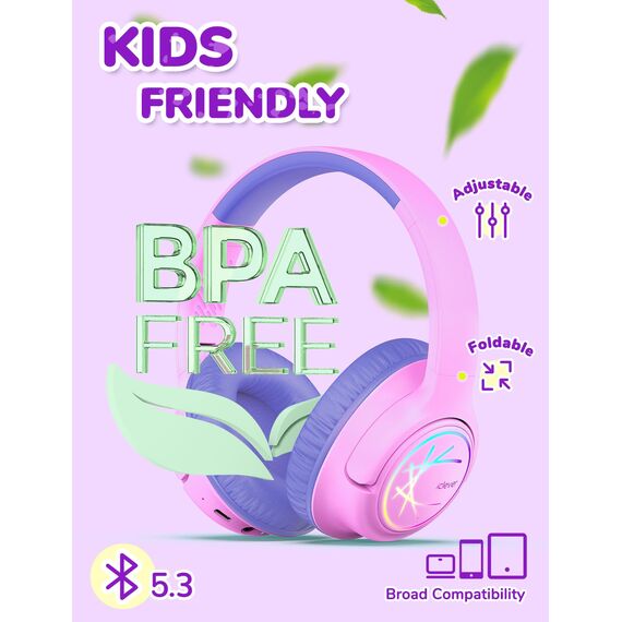 iClever Bluetooth Kopfhörer Kinder mit LED-Leuchten, 74/85dBA Lautstärkebegrenzung, 43 Stunden Spielzeit, Stereo-Sound, Typ-C, AUX-Kabel, Bluetooth5.3 Kinderkopfhörer für Tablet/Reisen Rosa lila