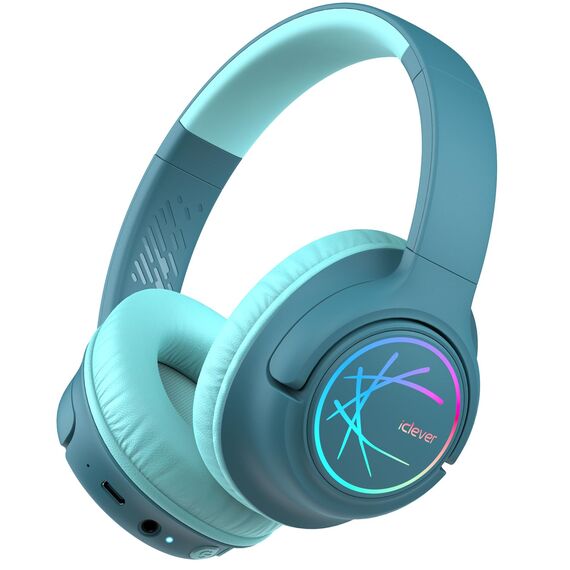 iClever Bluetooth kopfhörer Kinder mit LED-Leuchten, 74/85dBA Lautstärkebegrenzung, 43 Stunden Spielzeit, Stereo-Sound, Typ-C, AUX-Kabel, Bluetooth5.3 Kinderkopfhörer für Tablet/Reisen