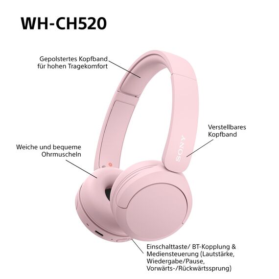 Sony WH-CH520 Kabelloser Bluetooth On-Ear-Kopfhörer, hohe Klangqualität, leichtes Design, bis zu 50 Stunden Akkulaufzeit, Schnellladung, EQ, klare Gesprächsqualität, iOS und Android - Rosa