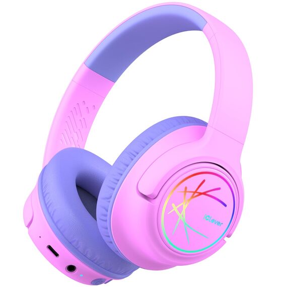 iClever Bluetooth Kopfhörer Kinder mit LED-Leuchten, 74/85dBA Lautstärkebegrenzung, 43 Stunden Spielzeit, Stereo-Sound, Typ-C, AUX-Kabel, Bluetooth5.3 Kinderkopfhörer für Tablet/Reisen Rosa lila