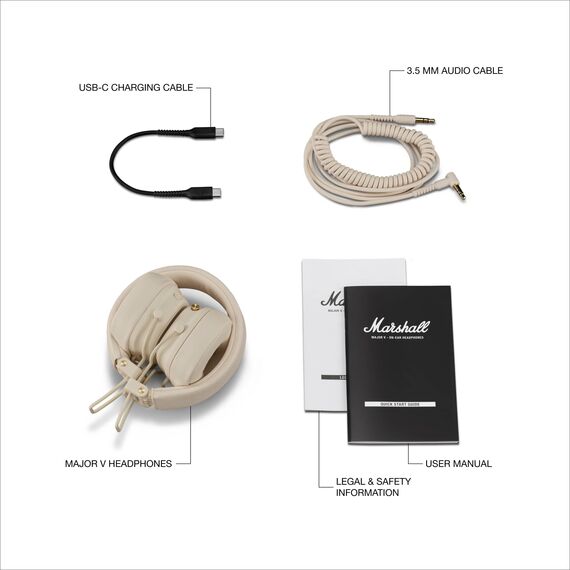 Marshall Major V Bluetooth Kopfhörer, 100 Stunden Spielzeit – Crème