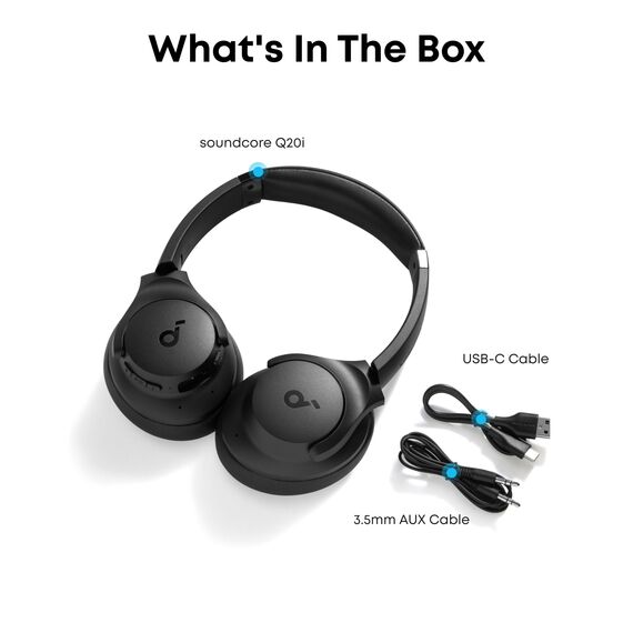 soundcore by Anker Q20i kabelloser Bluetooth Over-Ear-Kopfhörer mit Hybrid Active Noise Cancelling, 40h Spielzeit im ANC-Modus, Hi-Res Audio, Personalisierung per App(Schwarz)(Generalüberholt)