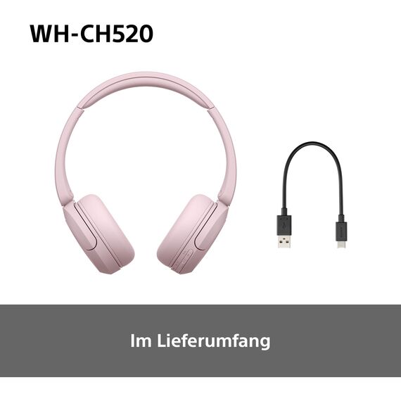 Sony WH-CH520 Kabelloser Bluetooth On-Ear-Kopfhörer, hohe Klangqualität, leichtes Design, bis zu 50 Stunden Akkulaufzeit, Schnellladung, EQ, klare Gesprächsqualität, iOS und Android - Rosa
